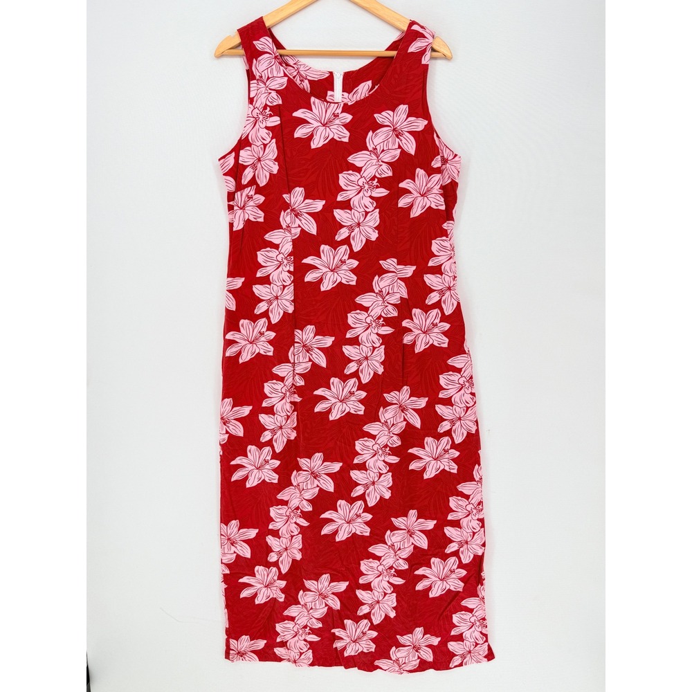 Ho Aloha Floral Sheath Dress Women XL Red Pink Hawaiian Rayon Tropical Retro